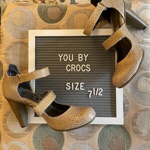 YOU by CROCS Snakeskin Print Velcro Strap Heels